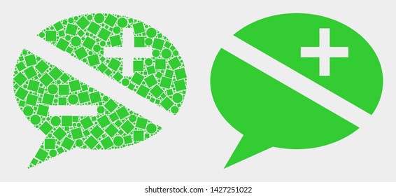 Pixel and flat discussion messages icons. Vector mosaic of discussion messages organized of randomized rectangle elements and spheric elements.