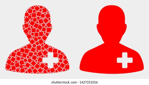Pixel and flat doctor icons. Vector mosaic of doctor designed of randomized rectangle elements and spheric elements.