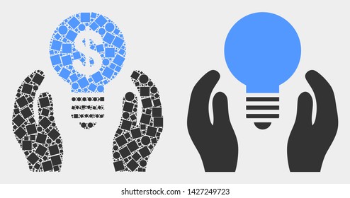 Pixel and flat dollar bulb care hands icons. Vector mosaic of dollar bulb care hands organized with randomized square dots and spheric dots.
