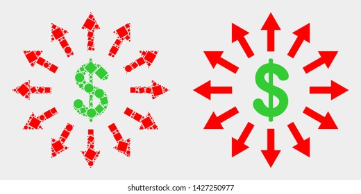 Pixel and flat dollar emission icons. Vector mosaic of dollar emission organized of scattered small squares and round elements.