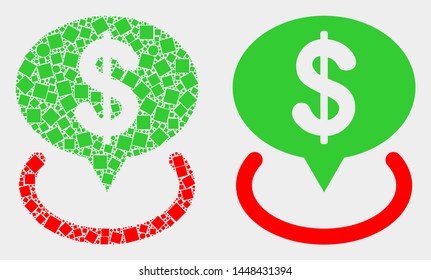 Pixel and flat dollar placement icons. Vector mosaic of dollar placement composed of irregular dots and round points.