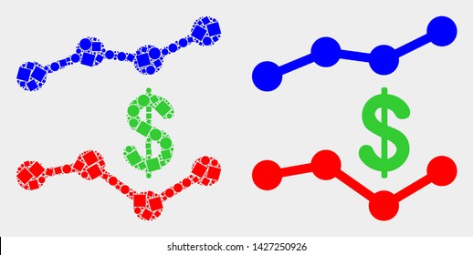 Pixel and flat dollar trend charts icons. Vector mosaic of dollar trend charts constructed of irregular square dots and round dots.