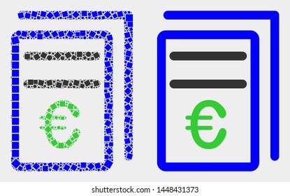 Pixel and flat euro price pages icons. Vector mosaic of euro price pages constructed of scattered rectangle elements and circle elements.