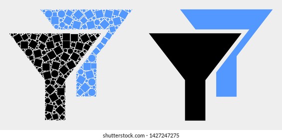 Pixel and flat filters icons. Vector mosaic of filters composed of random square dots and circle items.