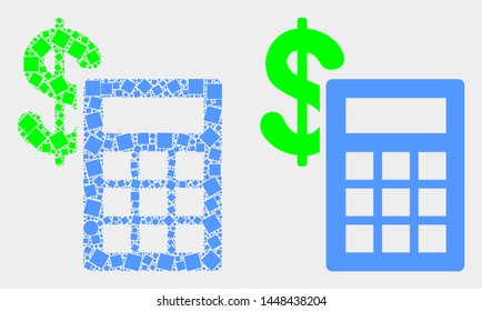 Pixel and flat financial calculator icons. Vector mosaic of financial calculator created of randomized square pixels and circle elements.