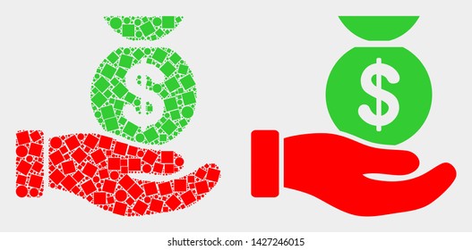 Pixel and flat financial service hand icons. Vector mosaic of financial service hand created of randomized small rectangles and round elements.