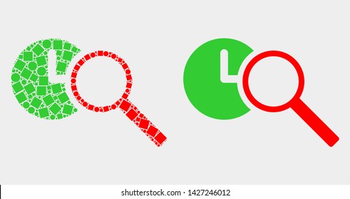 Pixel and flat find time icons. Vector mosaic of find time formed of scattered dots and circle dots.