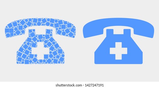 Pixel and flat first aid phone icons. Vector mosaic of first aid phone organized of random dots and spheric dots.