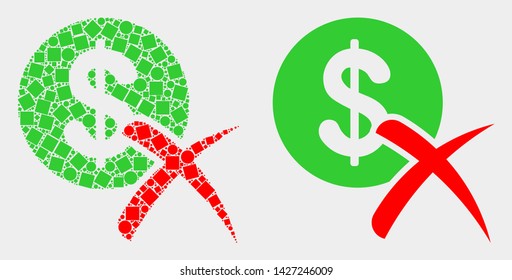 Pixel and flat forbidden dollar icons. Vector mosaic of forbidden dollar constructed of scattered square particles and spheric points.