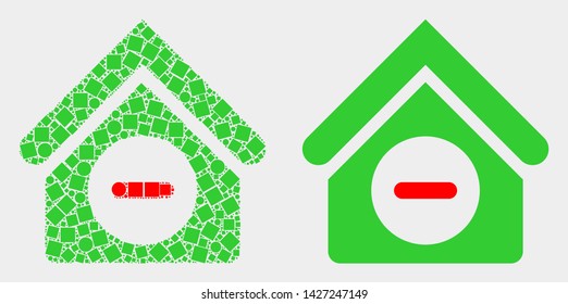 Pixel and flat forbidden house icons. Vector mosaic of forbidden house organized of irregular square elements and round pixels.
