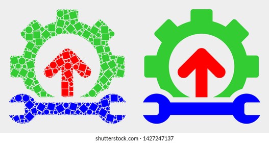 Pixel and flat forward gear repair icons. Vector mosaic of forward gear repair composed of scattered square dots and spheric dots.