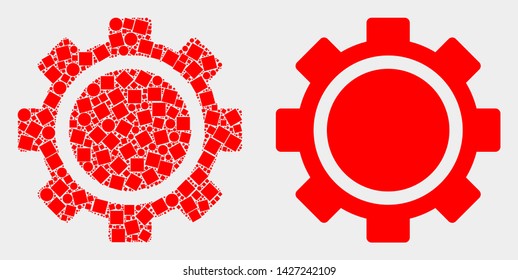Pixel and flat gear icons. Vector mosaic of gear created of random square dots and spheric dots.