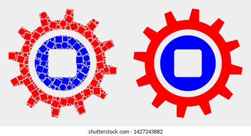 Pixel and flat gear icons. Vector mosaic of gear designed of randomized square pixels and round pixels.