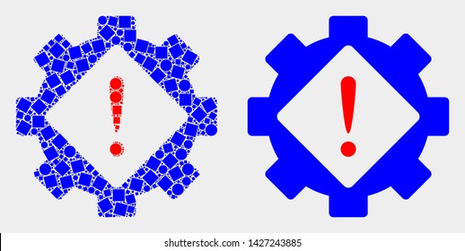 Pixel and flat gear warning icons. Vector mosaic of gear warning created of random square particles and round items.
