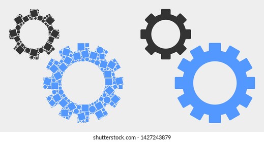 Pixel and flat gears icons. Vector mosaic of gears created of irregular dots and circle items.