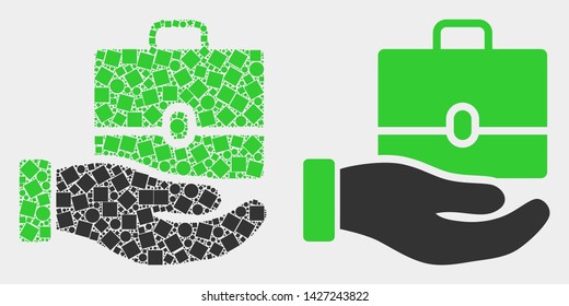 Pixel and flat hand offer case icons. Vector mosaic of hand offer case formed of scattered small rectangles and circle elements.