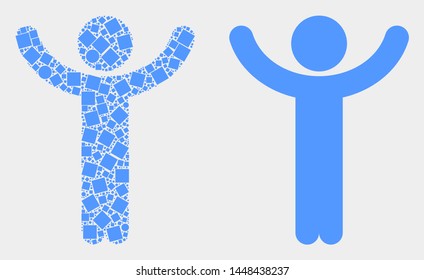 Pixel and flat hands up person icons. Vector mosaic of hands up person composed of random small rectangles and spheric items.