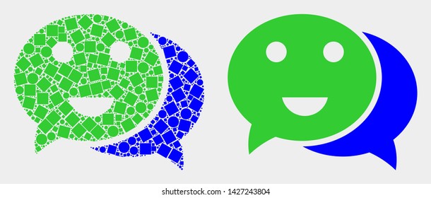 Pixel and flat happy chat icons. Vector mosaic of happy chat composed of irregular rectangle elements and round elements.