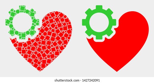 Pixel and flat heart gear icons. Vector mosaic of heart gear combined of scattered square dots and spheric elements.
