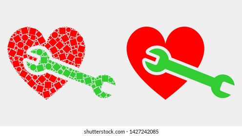 Pixel and flat heart repair wrench icons. Vector mosaic of heart repair wrench constructed with scattered square dots and circle dots.
