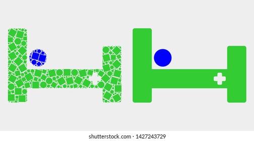 Pixel and flat hospital bed icons. Vector mosaic of hospital bed organized with random dots and spheric dots.