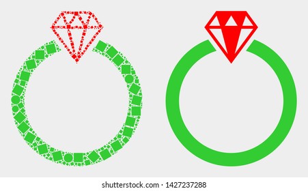 Pixel and flat jewelry ring icons. Vector mosaic of jewelry ring composed of irregular square pixels and spheric items.