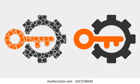 Pixel and flat key options gear icons. Vector mosaic of key options gear composed with scattered square elements and round elements.