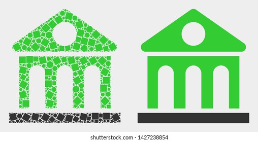 Pixel and flat library building icons. Vector mosaic of library building combined of irregular square elements and round elements.