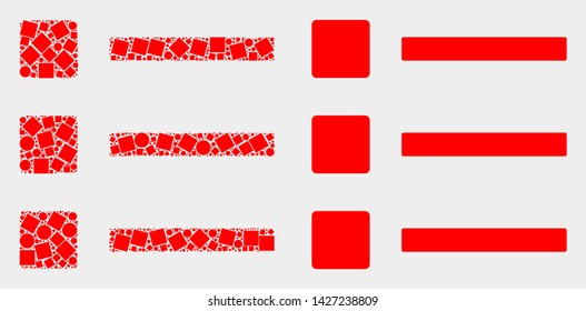 Pixel and flat list items icons. Vector mosaic of list items combined of irregular rectangle elements and spheric elements.