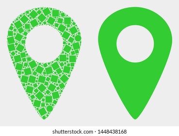 Pixel and flat map pointer icons. Vector mosaic of map pointer designed of randomized square elements and spheric elements.