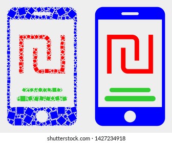 Pixel and flat mobile shekel account icons. Vector mosaic of mobile shekel account formed of irregular small squares and round dots.