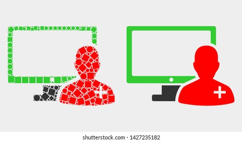 Pixel and flat online doctor icons. Vector mosaic of online doctor constructed of scattered square particles and spheric dots.