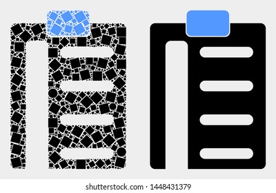 Pixel and flat pad list items icons. Vector mosaic of pad list items combined of randomized square pixels and circle elements.