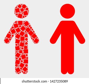 Pixel and flat person icons. Vector mosaic of person combined of scattered square dots and round dots.