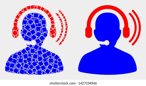 Pixel and flat radio operator headset icons. Vector mosaic of radio operator headset created of irregular square dots and spheric pixels.