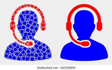 Pixel and flat radio operator icons. Vector mosaic of radio operator combined of randomized rectangle elements and circle pixels.