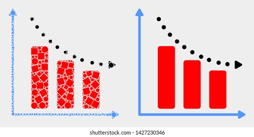 Pixel and flat recession bar chart icons. Vector mosaic of recession bar chart created of scattered small squares and circle dots.