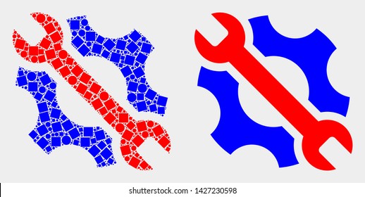Pixel and flat repair tools icons. Vector mosaic of repair tools combined of random square elements and circle elements.
