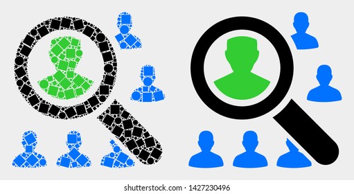 Pixel and flat search users icons. Vector mosaic of search users composed of irregular small squares and spheric points.