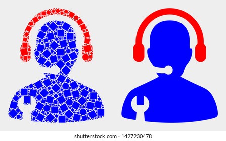 Pixel and flat service operator icons. Vector mosaic of service operator designed of irregular small rectangles and round dots.