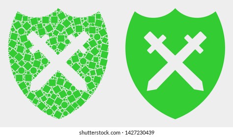 Pixel and flat shield and swords icons. Vector mosaic of shield and swords organized with randomized square elements and spheric elements.