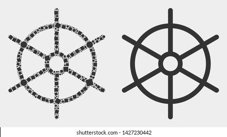 Pixel and flat ship rule wheel icons. Vector mosaic of ship rule wheel combined of randomized square elements and circle elements.
