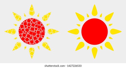 Pixel and flat sun icons. Vector mosaic of sun constructed of scattered dots and round elements.