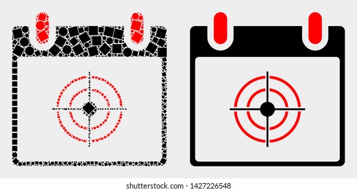 Pixel and flat target calendar page icons. Vector mosaic of target calendar page created of irregular rectangle elements and spheric elements.