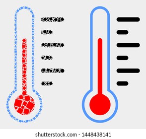 Pixel and flat thermometer icons. Vector mosaic of thermometer composed of scattered square particles and circle items.