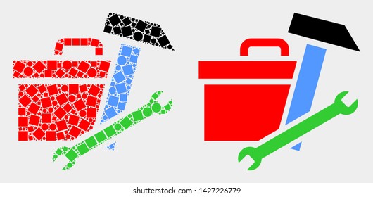 Pixel and flat toolbox icons. Vector mosaic of toolbox created with random square elements and circle elements.