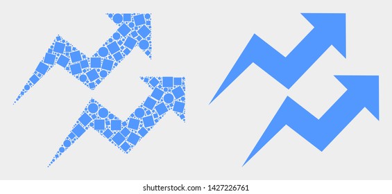 Pixel and flat trend arrows icons. Vector mosaic of trend arrows combined of irregular small squares and round items.