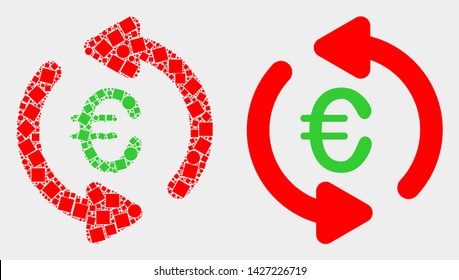 Pixel and flat update euro icons. Vector mosaic of update euro organized with scattered dots and round dots.