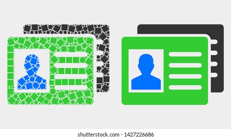 Pixel and flat user id cards icons. Vector mosaic of user id cards combined of randomized square particles and circle points.