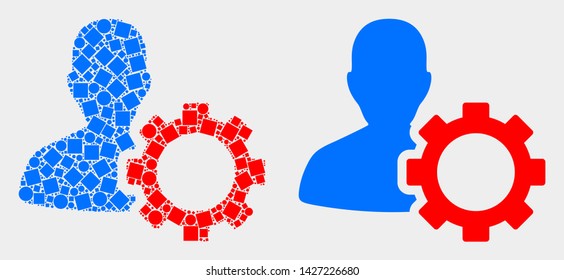 Pixel and flat user options gear icons. Vector mosaic of user options gear combined of scattered square particles and round elements.